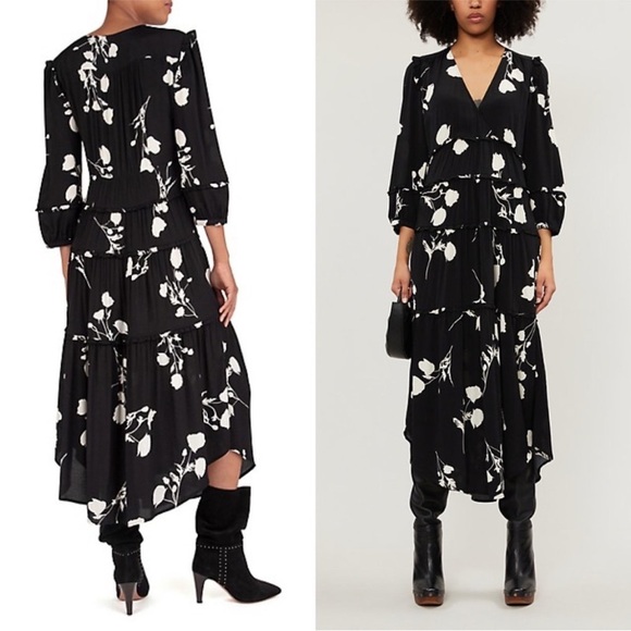 Ba&sh Paule Floral Maxi Dress Black White V-Neck 3/4 Sleeve Women’s Small - Picture 16 of 16